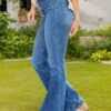 Women High Waist Front Double Pocket Washed Flare Denim Pants Slim Drape Jeans For Outdoor Garden Casual Daily Wear