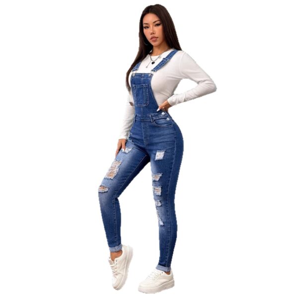 Womens Stretchy Slim-Fit Denim Ripped Suspender Pants