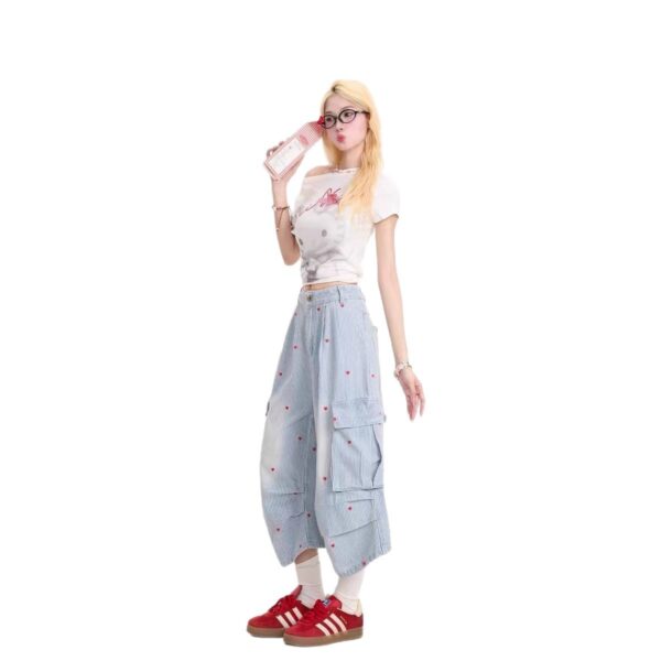 Love-Heart Print Designer-Style Cropped Denim Jeans For Women Summer