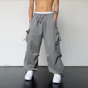 American-style Vintage Work Pants For Men And Women, Summer Versatile Straight-leg, Drapey, Cuffed, Loose Wide-leg Casual Pants-Light Gray