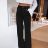 Women High Waist Wide Leg Pants Decorative Buttons Casual Loose Straight Leg Trousers With Pockets