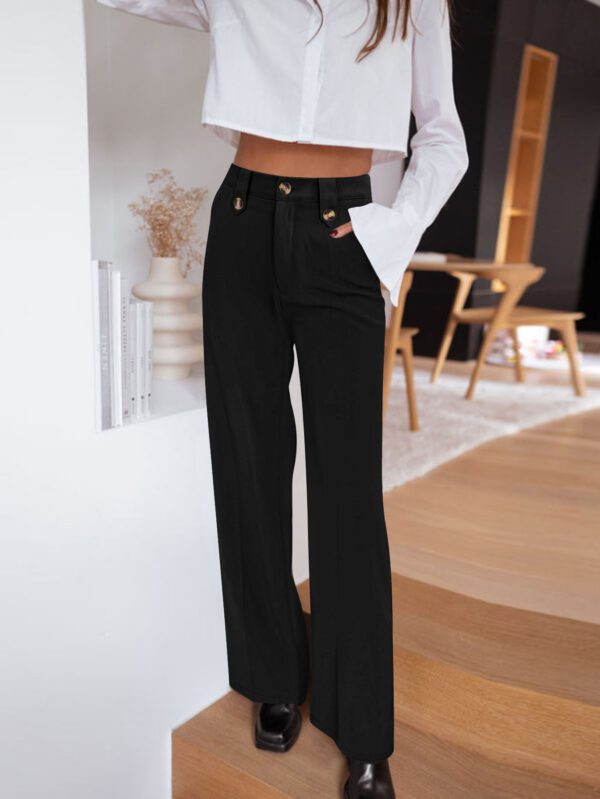 Women High Waist Wide Leg Pants Decorative Buttons Casual Loose Straight Leg Trousers With Pockets