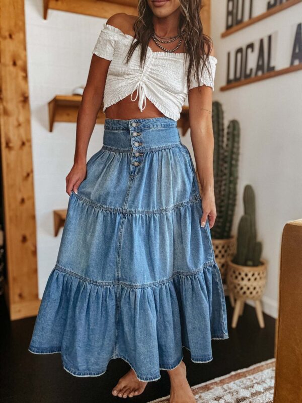 a140ab09-aa93-466c-900f-c0ce642bf1df.jpg Bohemian A- Line Layered Cake Denim Skirt