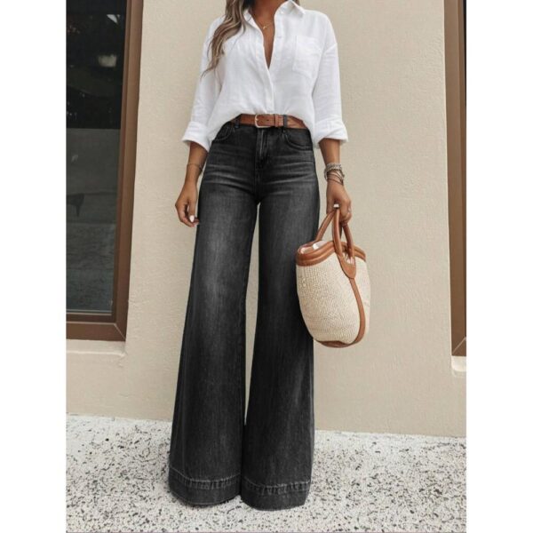 Vintage Washed Black High Waist Wide Leg Jeans Women Loose Floor Length Denim Pants Casual Relax Fit Pocket Retro Denim Trousers