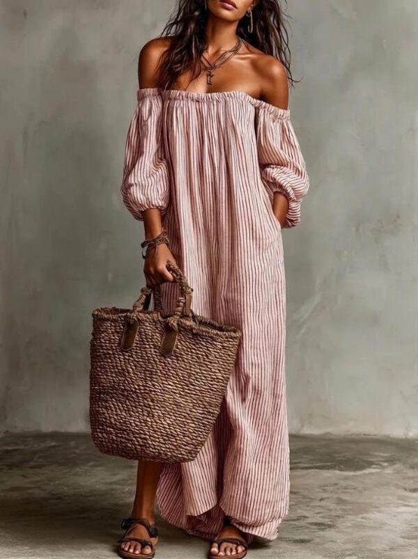 Women's Summer Off Shoulder Striped Dress Elegant Loose Casual Dress