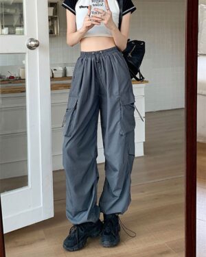 American-style Vintage Work Pants For Men And Women, Summer Versatile Straight-leg, Drapey, Cuffed, Loose Wide-leg Casual Pants-Dark Gray