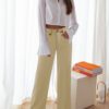 Women High Waist Wide Leg Pants Decorative Buttons Casual Loose Straight Leg Trousers With Pockets