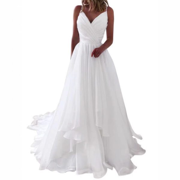 Fitted-waist Pleated V-neck Strap Light Wedding Dress