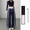 Womens High-waisted Color-block Loose-fitting Wide-leg Pants With Side Stripes
