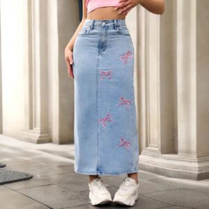 Womens Embroidered Bow Denim Skirt, Street-Style Long Dress, Wrinkle-Resistant, Solid Color, Blue