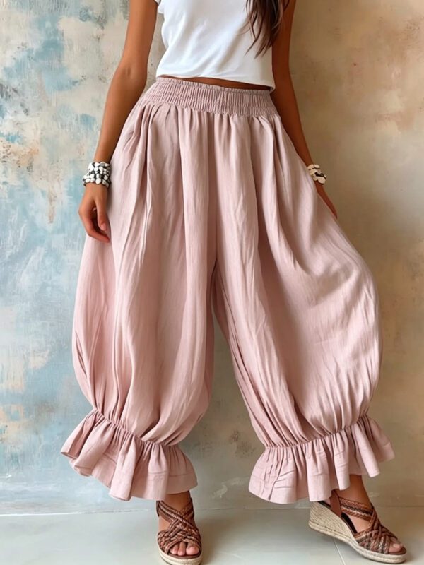 2026 Summer New Cross-Border European And American Style Loose Casual Cotton And Linen Ruffle Lantern Pants For Women