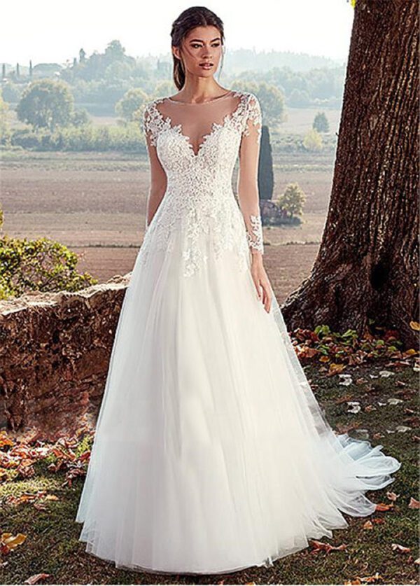af02ca60-6de2-45e1-aae6-3b03eccdc6cd.jpg High U-neck Lace Long Sleeve A- Line Long Tail Simple Wedding Dress