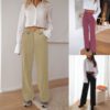 Women High Waist Wide Leg Pants Decorative Buttons Casual Loose Straight Leg Trousers With Pockets