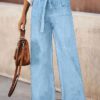 Women Light Blue High Waist Tie Belt Wide Leg Denim Pants Loose Drape Trousers For Beach Vacation Daily Office Casual Wear