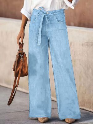 Women Light Blue High Waist Tie Belt Wide Leg Denim Pants Loose Drape Trousers For Beach Vacation Daily Office Casual Wear