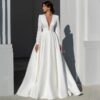 af903be6-f532-45d4-a681-fdeb76a379dd.jpg Simple Deep-V Long-sleeve Satin Bridal Gown Elegant Cathedral Train Luxurious Quality
