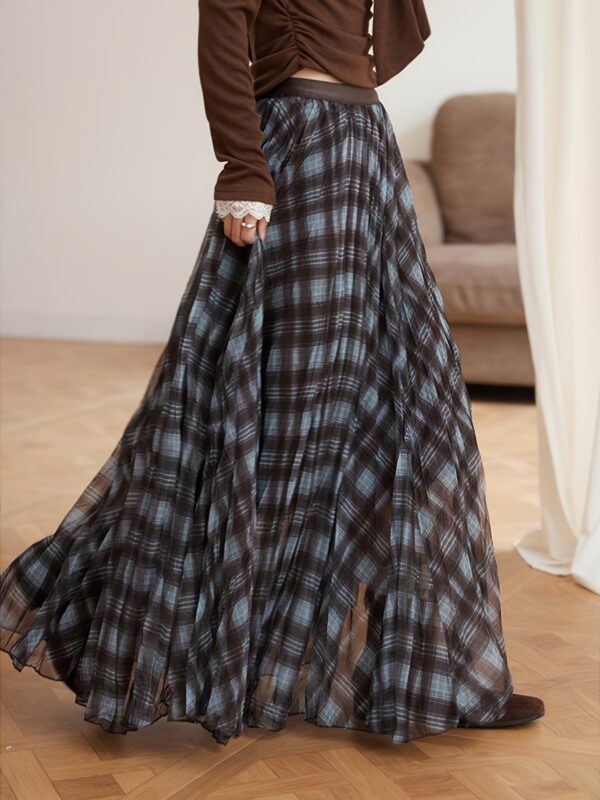 Womens Plaid Chiffon Pleated Skirt