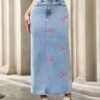 Womens Embroidered Bow Denim Skirt, Street-Style Long Dress, Wrinkle-Resistant, Solid Color, Blue