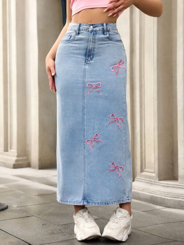 Womens Embroidered Bow Denim Skirt, Street-Style Long Dress, Wrinkle-Resistant, Solid Color, Blue