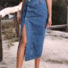 Button Irregular Slit Skirt Denim High Waist Long Skirt