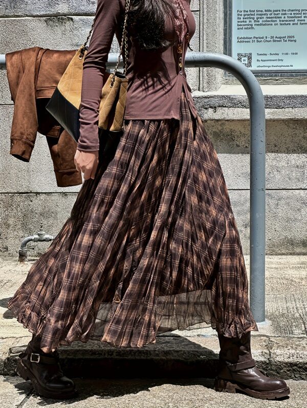 Womens Plaid Chiffon Pleated Skirt