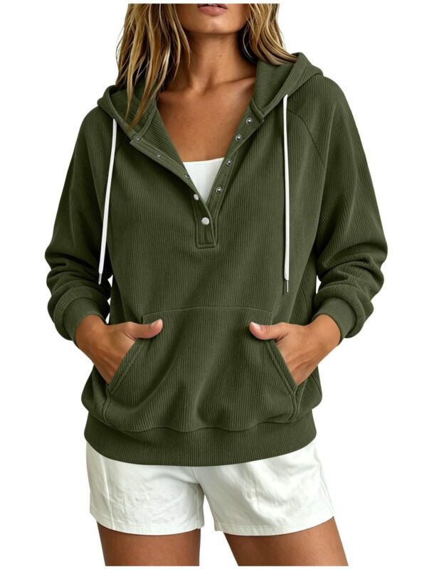 2026 Autumn New Style European Women's Dressy Corduroy Hooded Sweatshirt With Half-Closed Button And Drawstring Loose Top For Women
