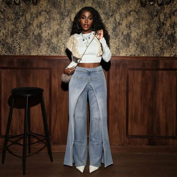 European And American Style Women's Jeans, Washed High-Waisted Double-Layer Split Straight-Leg Pants, Cross-Border Trendy Slim-Fit Floor-Length Denim Trousers