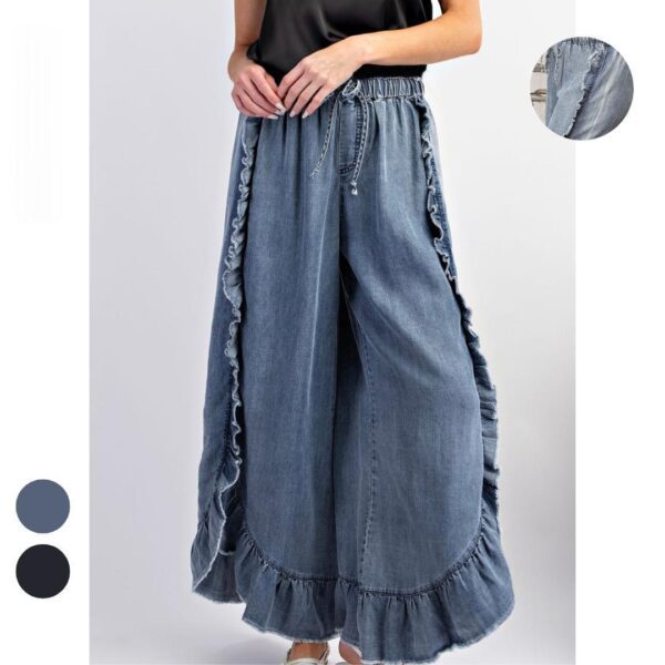 bf27c09a-ebdb-4a0f-9ee7-41a17a27be33_water.jpeg Womens Washed Cotton Denim Flared Pants With Ruffled Hem