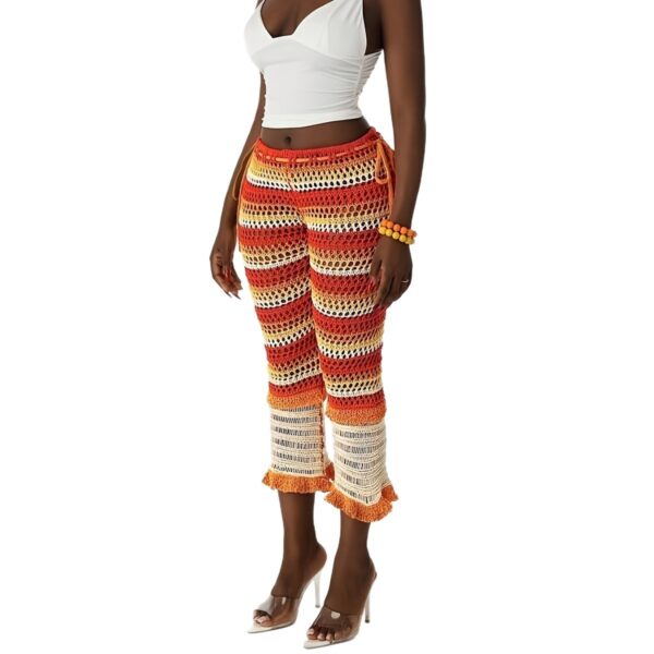 Spring Summer European Casual Fashion Mesh Pants With Open Holes And Striped Patterns Suitable For Various Outfits With Drawstring Waist And Single Piece Design