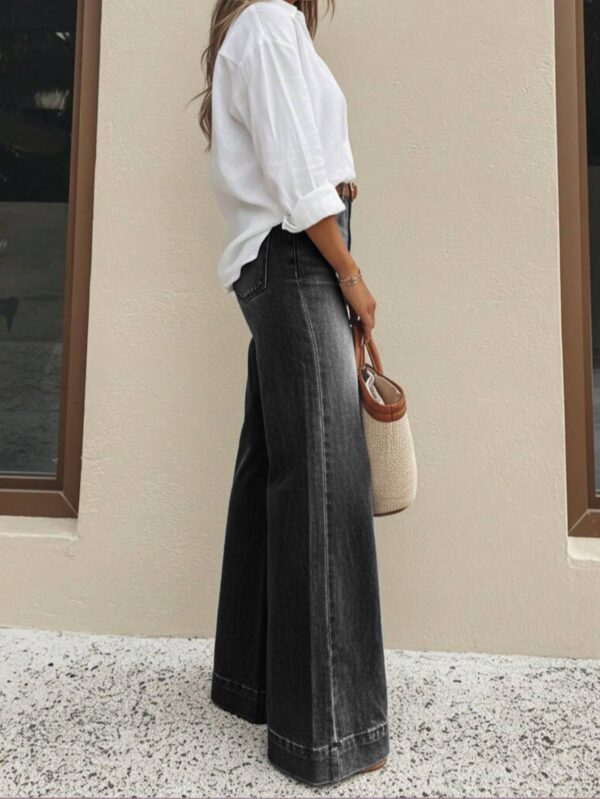 Vintage Washed Black High Waist Wide Leg Jeans Women Loose Floor Length Denim Pants Casual Relax Fit Pocket Retro Denim Trousers