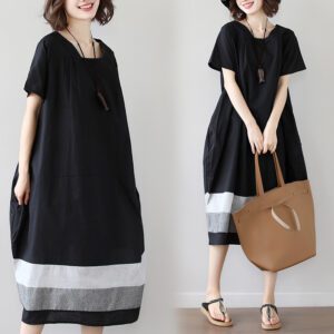 c525d15d-9fa6-419a-bfaf-0417889c4de9.jpg Cotton And Linen Short Sleeve Dress Large Size Women's Mid Length