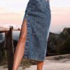 Button Irregular Slit Skirt Denim High Waist Long Skirt