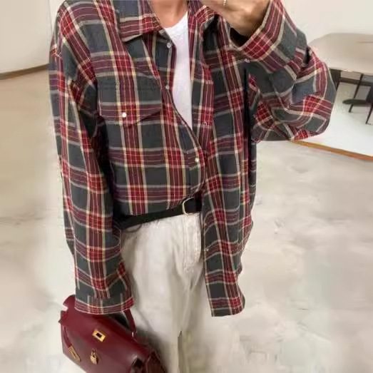Amazon Ozon Cross-Border Women's Shirt Retro Style Loose 2025 Spring Autumn Winter Plaid Long-Sleeve Pocket Shirt Versatile