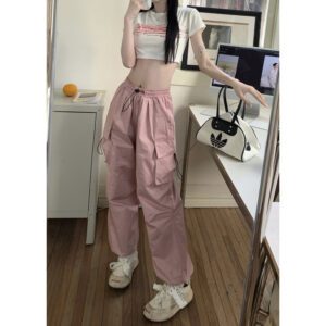 American-style Vintage Work Pants For Men And Women, Summer Versatile Straight-leg, Drapey, Cuffed, Loose Wide-leg Casual Pants-pink