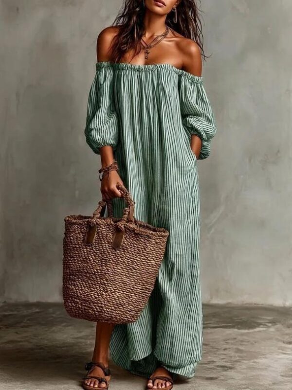 Women's Summer Off Shoulder Striped Dress Elegant Loose Casual Dress