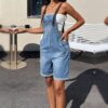 Women Contrast Strap Denim Short Overalls, Roll‑Up Hem Bib Overall Shorts With Pockets   Only Official Shipping Labels Are Supported