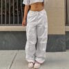 cdf0ba3f-d782-4bbf-9b8a-6bd5349b34b2.jpg Casual Cargo Pants For Women Solid Color Drawstring Pocket Design Fashion Street Trousers Girls