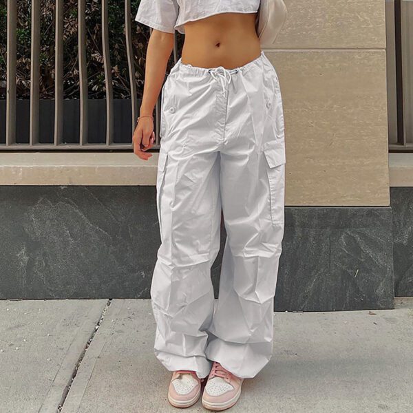 cdf0ba3f-d782-4bbf-9b8a-6bd5349b34b2.jpg Casual Cargo Pants For Women Solid Color Drawstring Pocket Design Fashion Street Trousers Girls