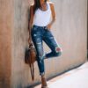 Retro High-waisted Stretch Jeans With Ripped Feet And Slimming