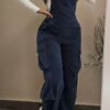 Women Casual Multi Pocket Corduroy Overalls Jumpsuits Straight Leg Cargo Pants