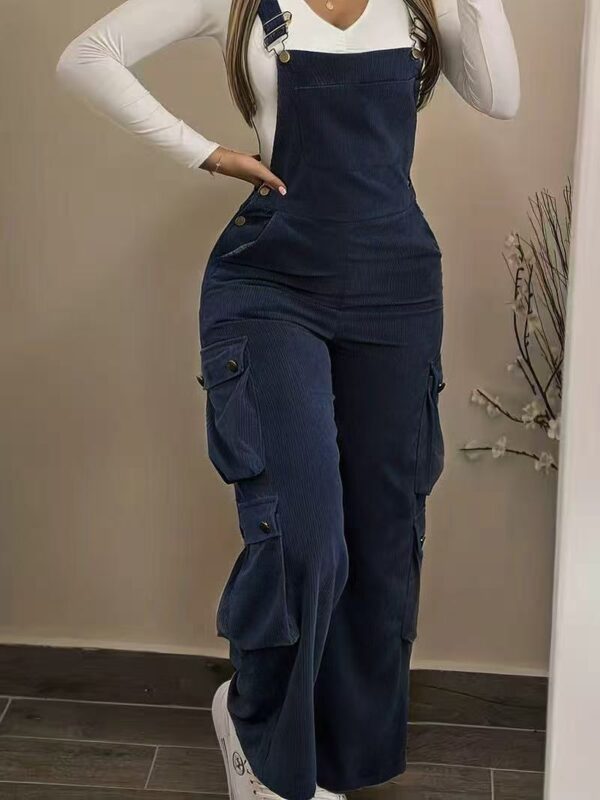 Women Casual Multi Pocket Corduroy Overalls Jumpsuits Straight Leg Cargo Pants