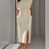 2026 European And American Women's Round Neck Sleeveless Button Slit Solid Color Fashionable Versatile Dress