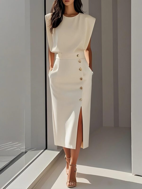 2026 European And American Women's Round Neck Sleeveless Button Slit Solid Color Fashionable Versatile Dress
