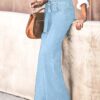 Women Light Blue High Waist Tie Belt Wide Leg Denim Pants Loose Drape Trousers For Beach Vacation Daily Office Casual Wear