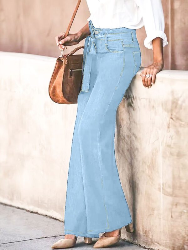 Women Light Blue High Waist Tie Belt Wide Leg Denim Pants Loose Drape Trousers For Beach Vacation Daily Office Casual Wear