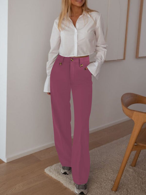 Women High Waist Wide Leg Pants Decorative Buttons Casual Loose Straight Leg Trousers With Pockets