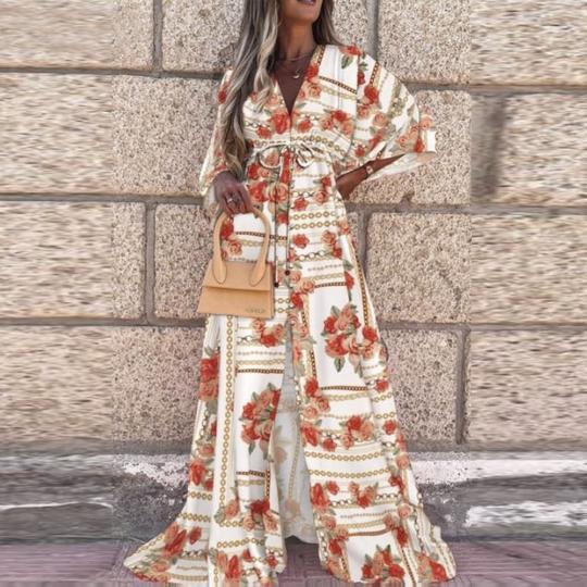 New women''s V-neck short sleeve printed long dress