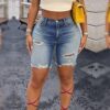 High Rise Ripped Distressed Denim Bermuda Shorts For Women, Medium Blue Wash Frayed Raw Hem Knee Length Jeans   Only Official Shipping Labels Are Supported