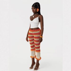 Spring Summer European Casual Fashion Mesh Pants With Open Holes And Striped Patterns Suitable For Various Outfits With Drawstring Waist And Single Piece Design