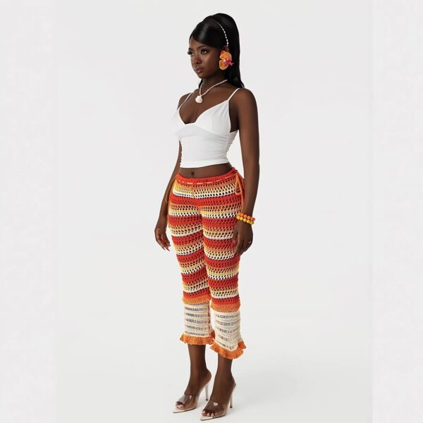 Spring Summer European Casual Fashion Mesh Pants With Open Holes And Striped Patterns Suitable For Various Outfits With Drawstring Waist And Single Piece Design
